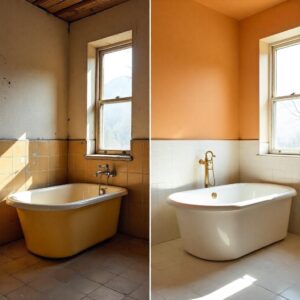 Before and after bathtub refinishing showing transformation from worn to glossy finish in South Florida home