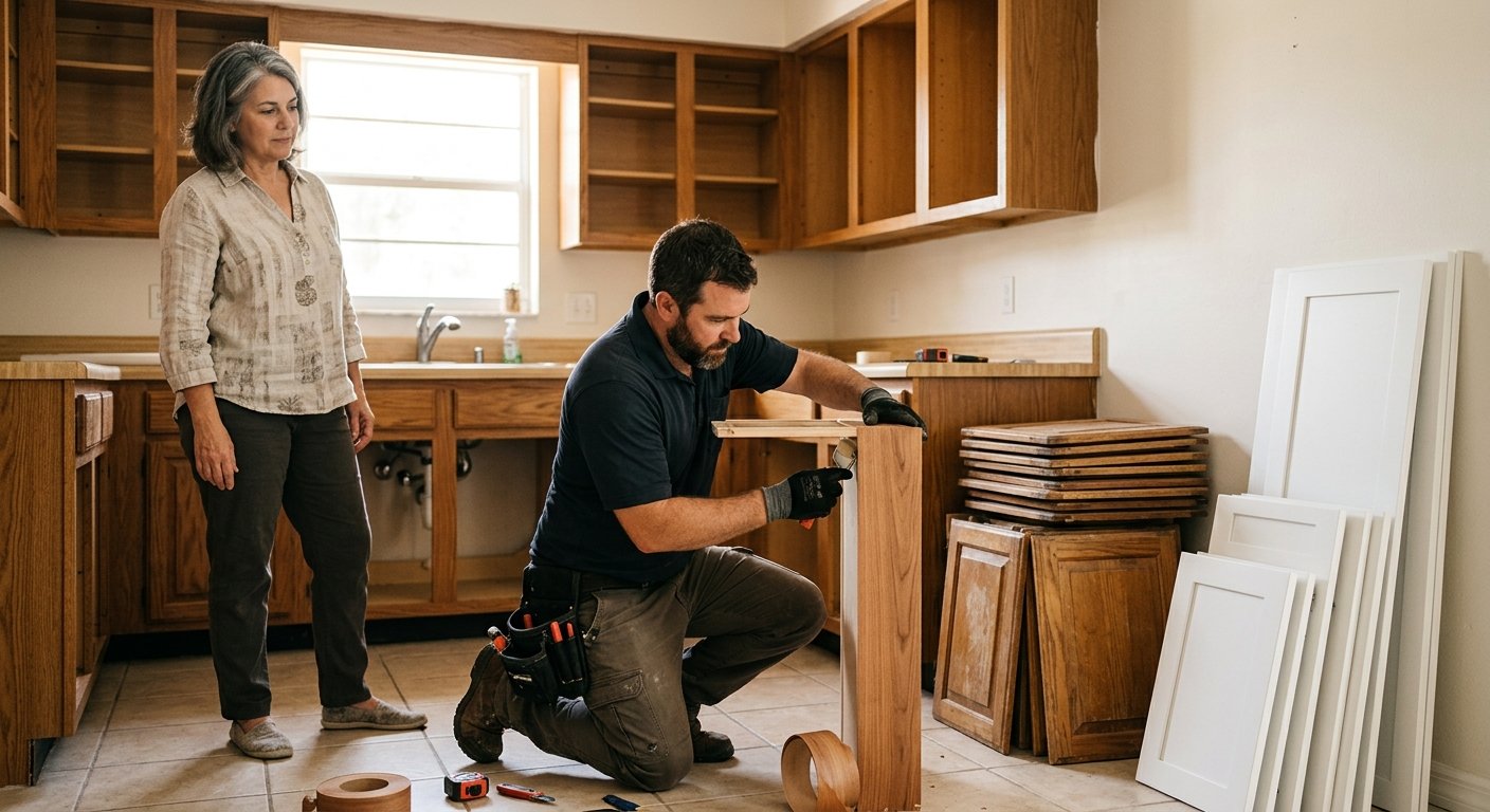Contractor applying wood veneer to cabinet face frames while homeowner watches, new doors leaning against wall nearby