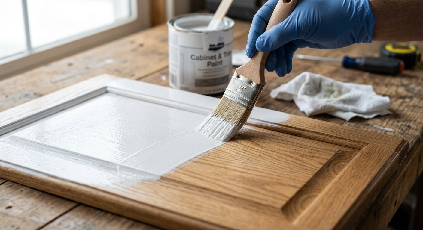 Gloved hand brushing white paint onto a flat cabinet door, with paint can and cloth blurred in background