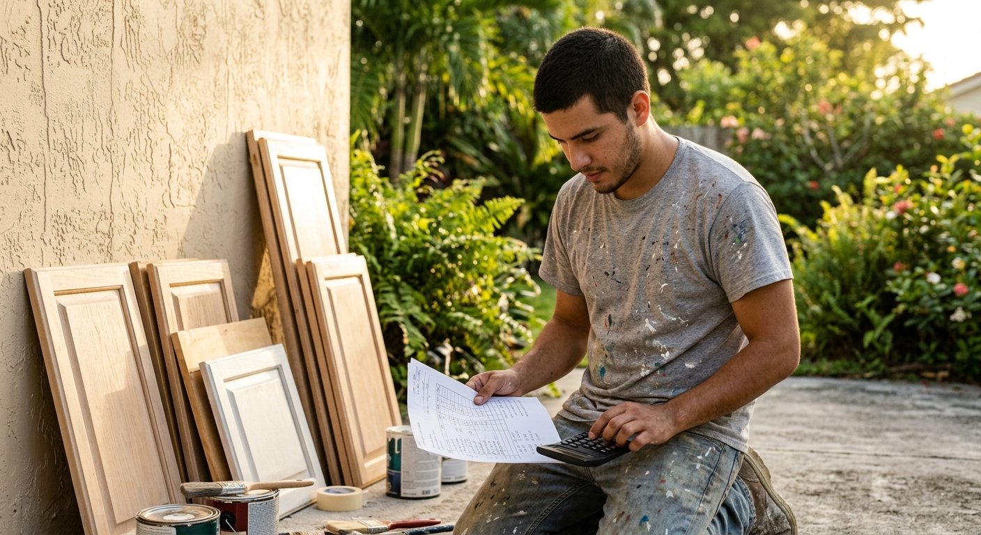 Young man kneeling on a sunlit patio comparing a printed estimate sheet while using a calculator, cabinet doors leaning nearb