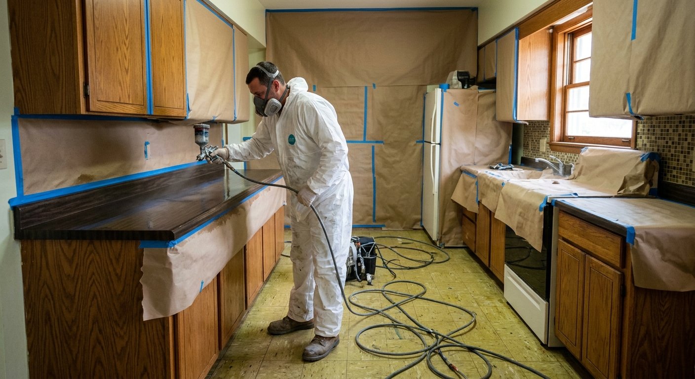 Technician in respirator and coveralls spray-coating a masked kitchen countertop, with cabinets and appliances covered in pro