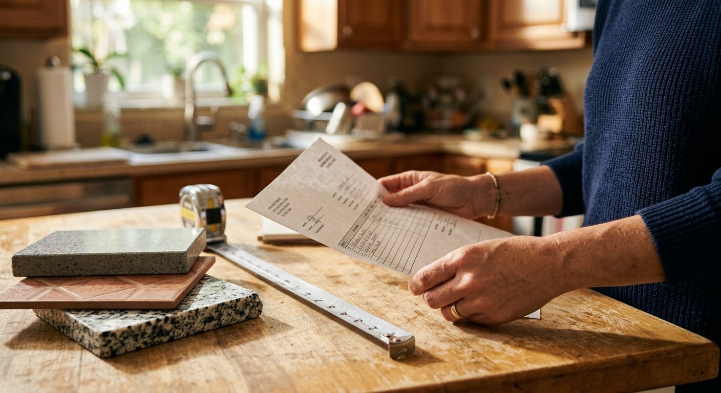 Hands holding a contractor invoice next to quartz, granite, and laminate samples with a measuring tape on a countertop