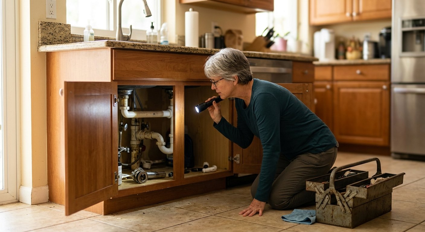 Woman kneeling under kitchen sink cabinet, shining flashlight at disconnected plumbing during a countertop replacement projec