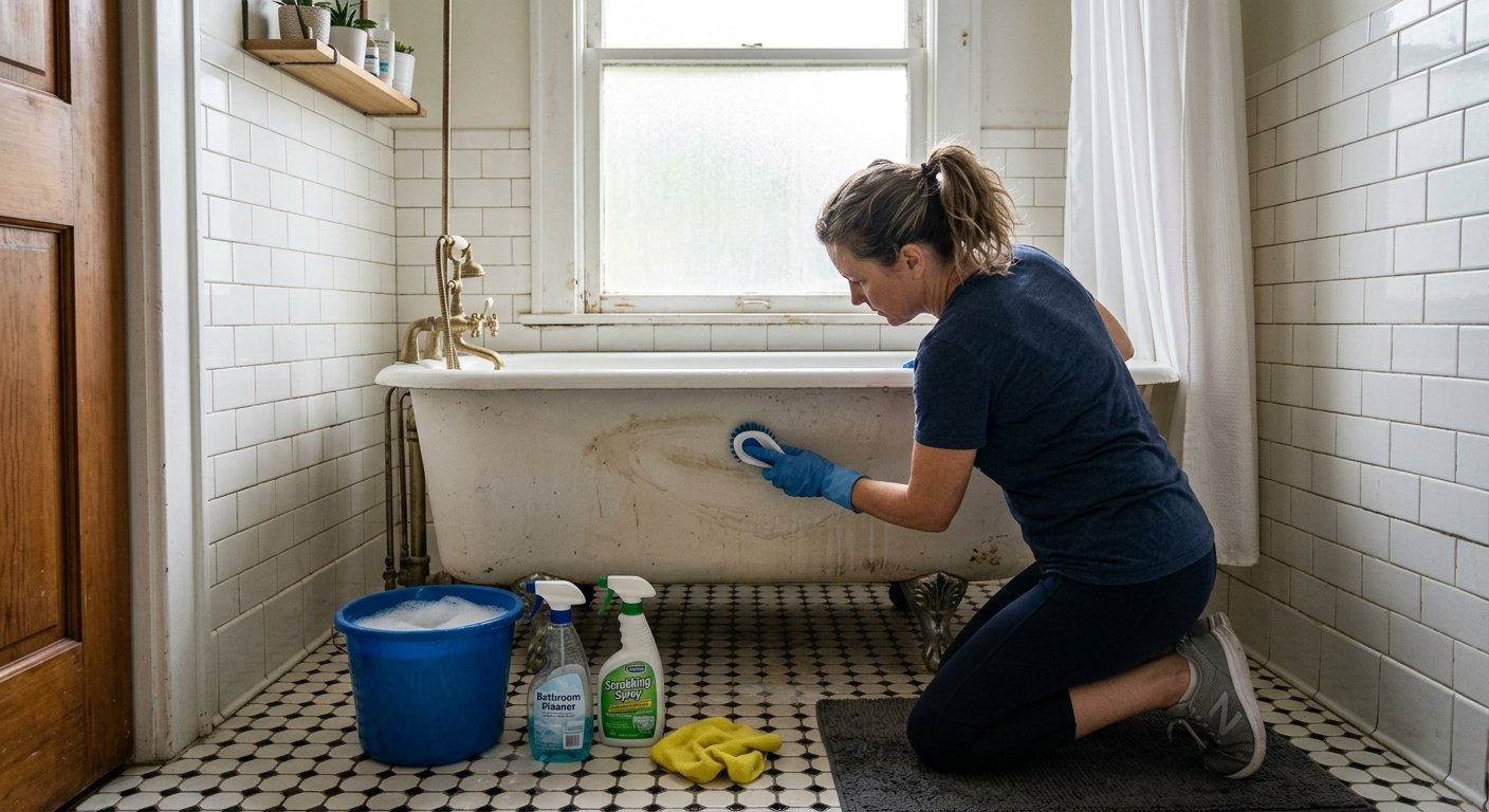 Woman kneeling beside a clawfoot tub scrubbing the interior with a brush, cleaning supplies on the tile floor nearby.