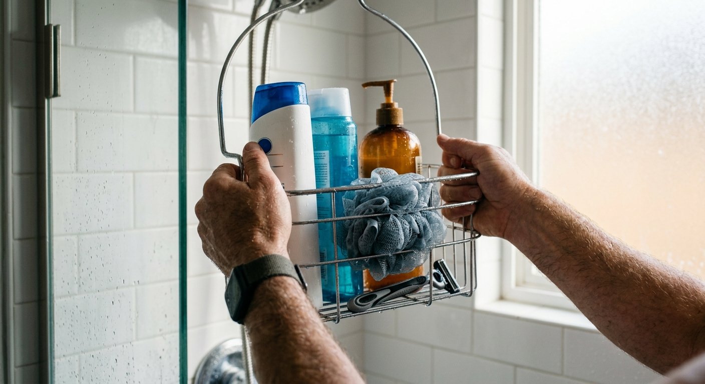 Hands removing a loaded wire shower caddy with shampoo bottles, razor, and loofah from a white-tiled shower