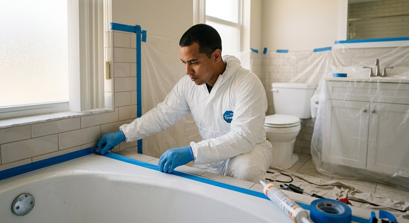 Technician in protective suit carefully taping off tile edges around a bathtub before refinishing work begins