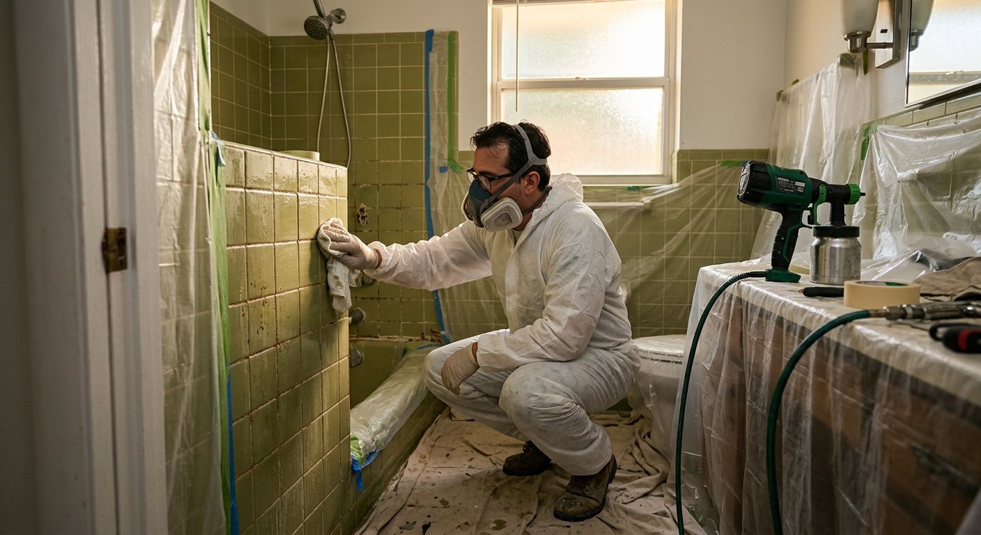 Technician in coveralls and respirator prepping old green shower tile with a cleaning cloth before spray refinishing