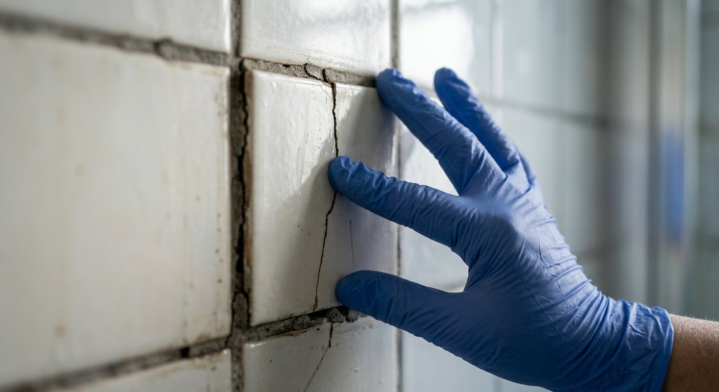 Gloved hand pressing a cracked ceramic wall tile with a visible hairline fracture running across its surface