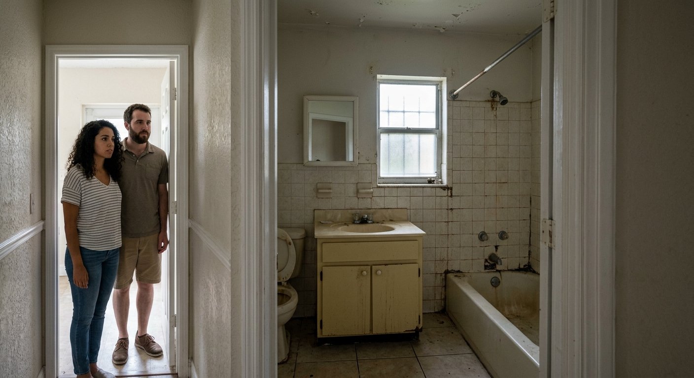 A couple stands in a vacant apartment bathroom doorway, examining a dated, worn bathroom with old fixtures and chipped grout.