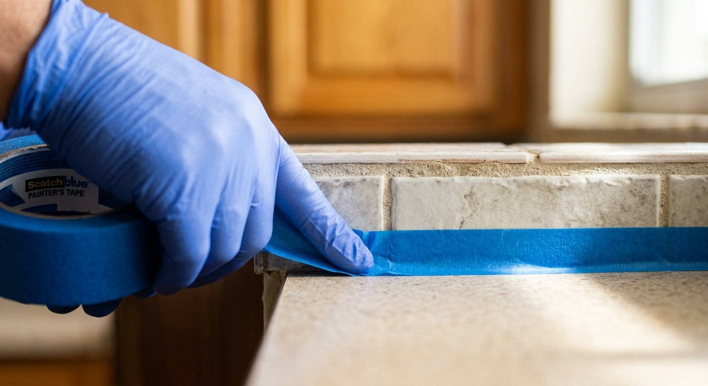 Gloved hand carefully pressing blue painter's tape along the edge of a kitchen backsplash tile before refinishing work begins