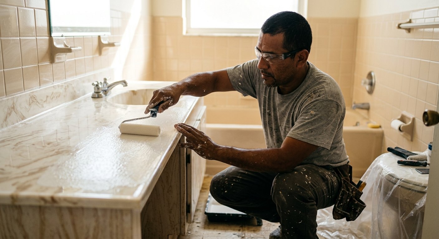 Technician applying refinishing coat to a cultured marble vanity top in a dated Florida condo bathroom, mid-stroke with foam 