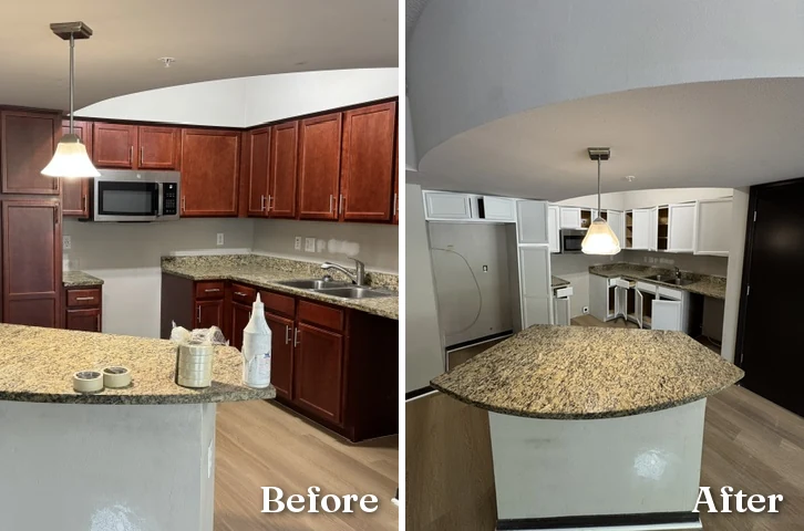 Kitchen cabinets refinished from cherry to white — before and after