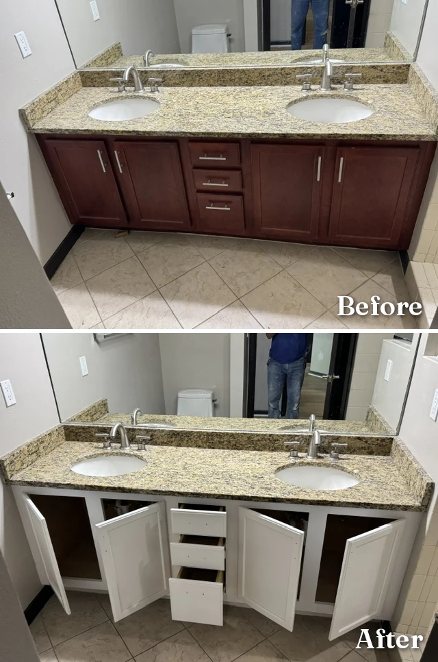 Double bathroom vanity refinished from cherry to white — before and after