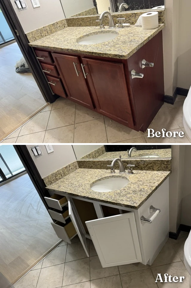Bathroom vanity refinished from cherry to white — before and after
