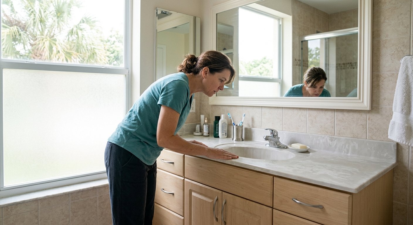 Woman inspecting a dull, hazy cultured marble vanity countertop in a bright Florida condo bathroom