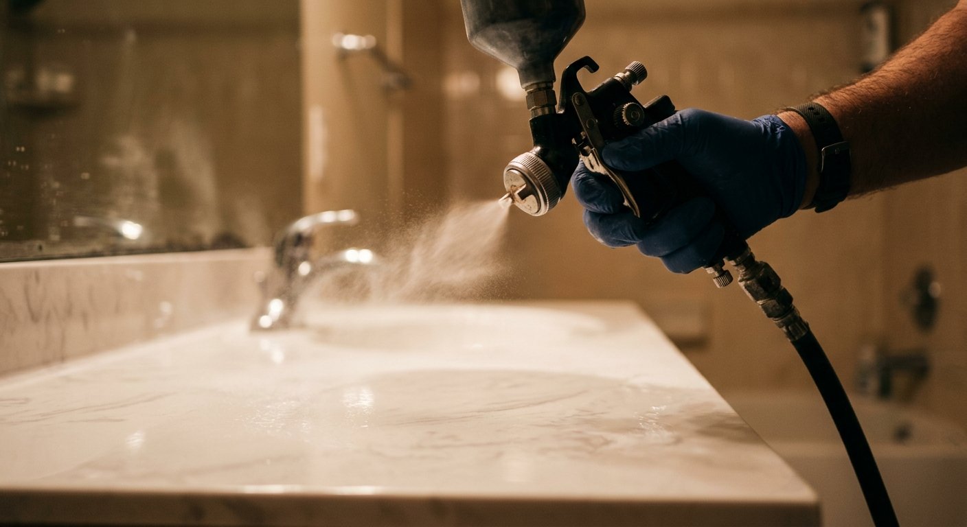 Gloved hand gripping a commercial spray gun above a cultured marble vanity surface, refinishing coating misting through the a