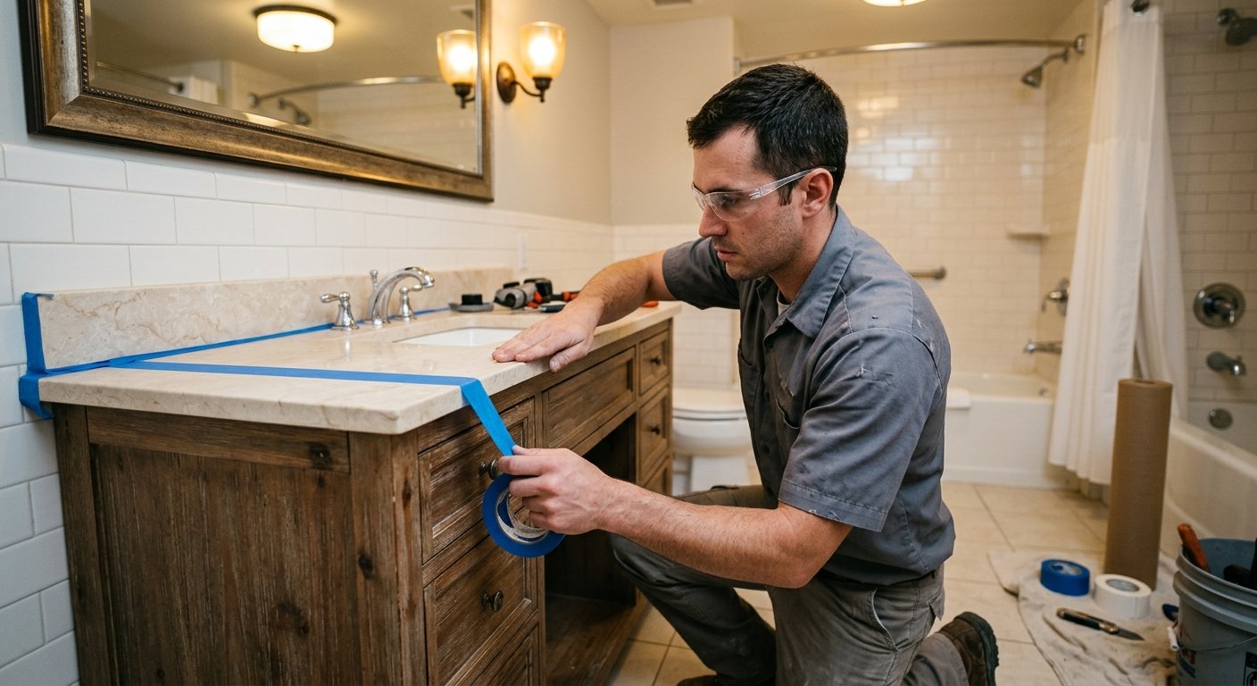 Male technician crouching to apply painter's tape along the edge of a cultured marble vanity countertop in a bathroom