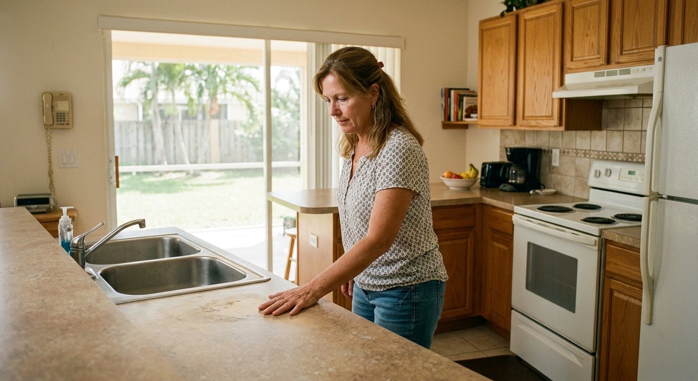 Woman examining worn almond laminate countertops in a dated 1990s Florida kitchen with oak cabinets and midday sunlight