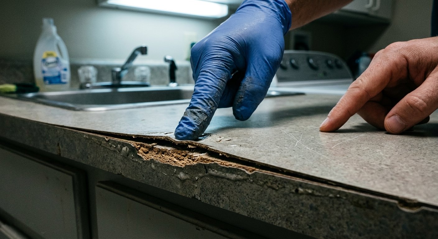Gloved hand pressing delaminating laminate edge beside a bare hand touching an intact scratched laminate surface