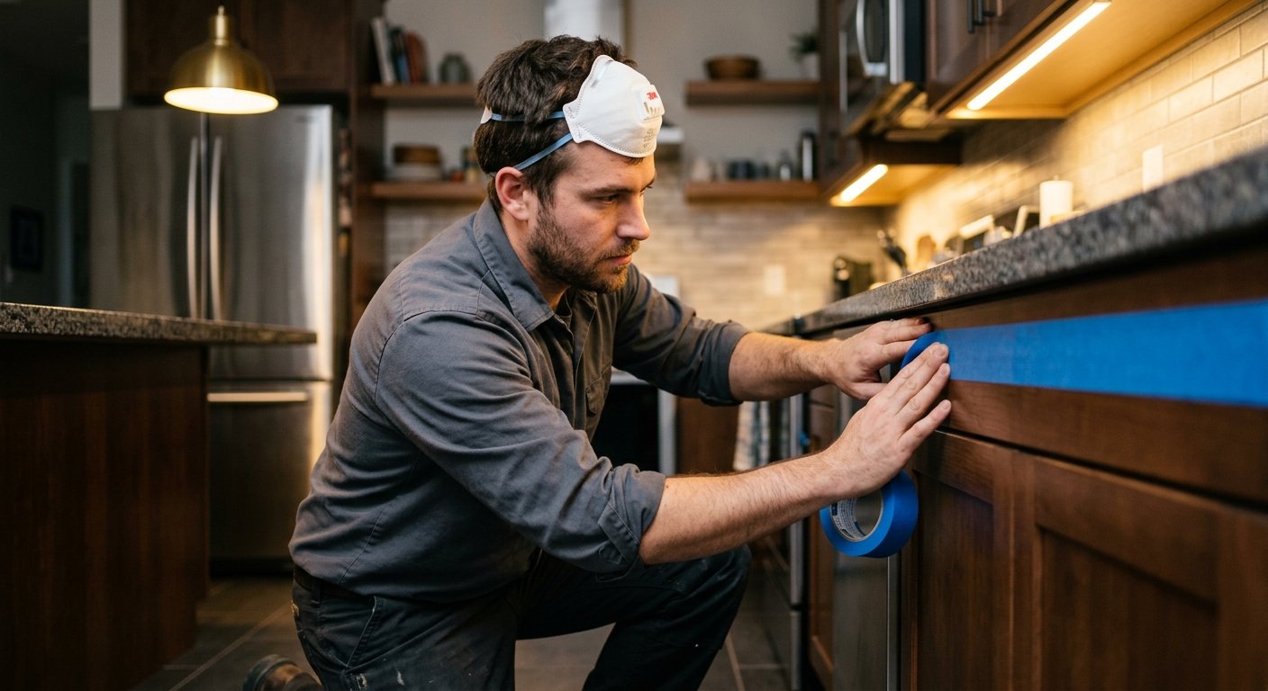 Male technician crouching beside a dark countertop, pressing blue painter's tape along cabinet edges in a modern kitchen at e