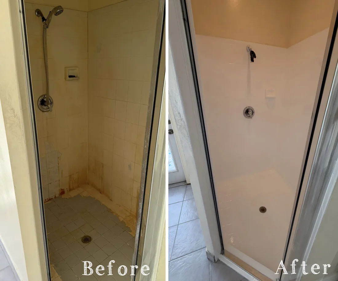 Shower refinish — before and after refinishing