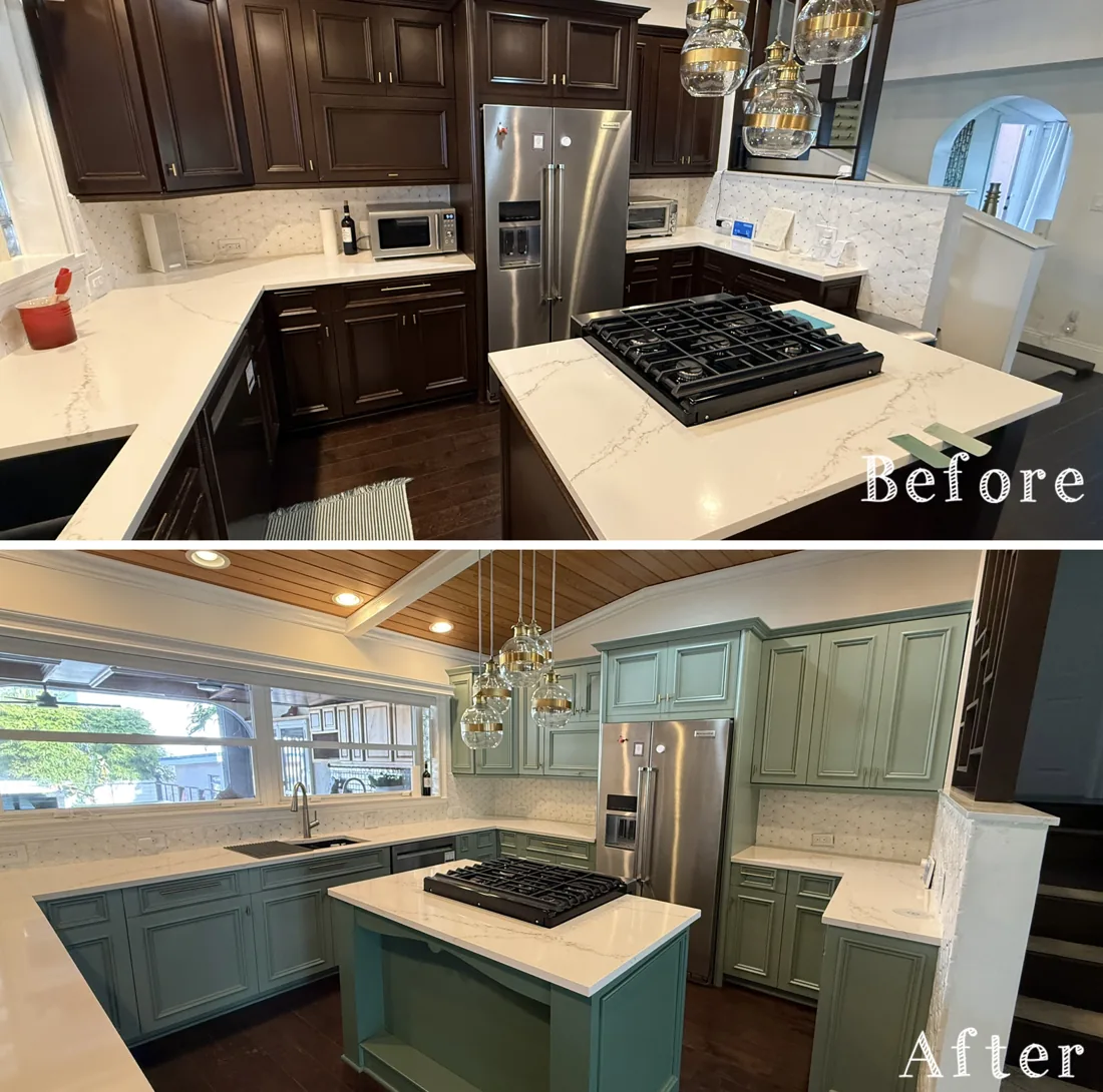 Kitchen & island — before and after refinishing