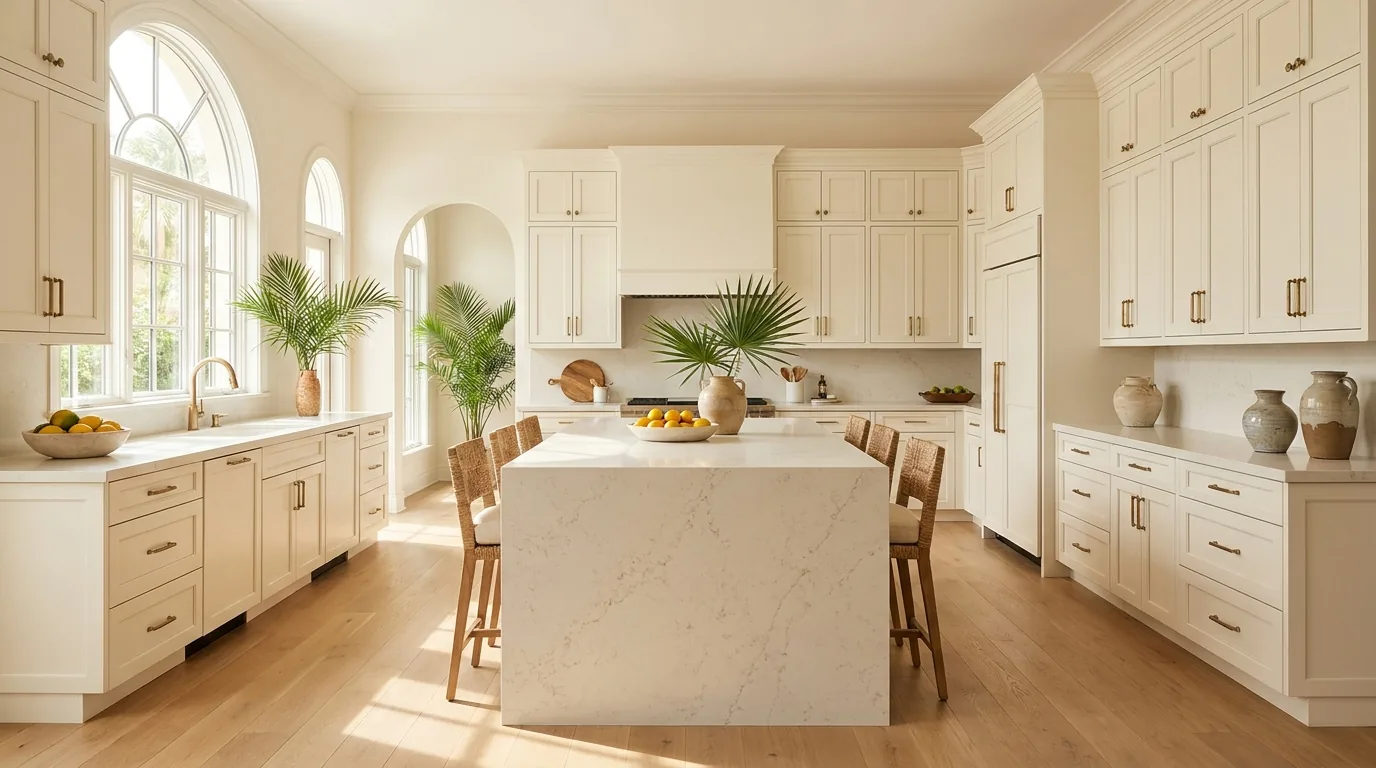 Freshly refinished kitchen cabinets in a bright Lighthouse Point home